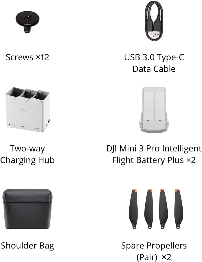 DJI Mini 3 Pro Fly More Kit, Includes Two Intelligent Flight Batteries, a Two-Way Charging Hub, Data Cable, Shoulder Bag, Spare propellers, and Screws